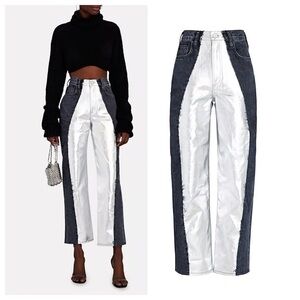 Frame Pierced Coated Hi Rise Metallic Silver Grey Denim Wide Leg Jeans